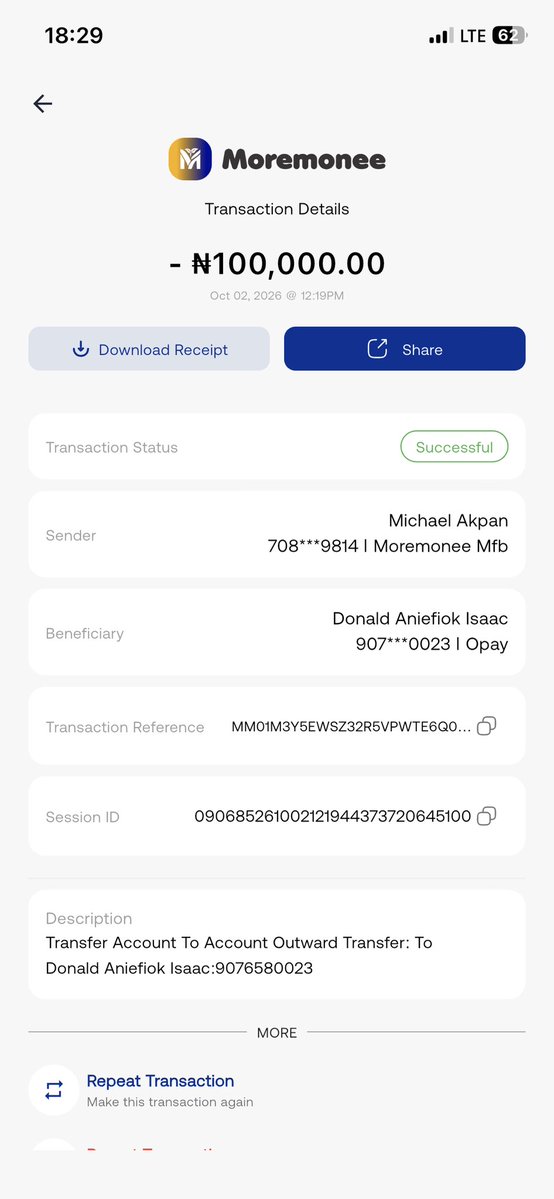 MiKha_El_'s tweet photo. On Oct 2nd, 2026, I made two transactions using @MoremoneeBank to two separate @OPay_NG accounts—mine and a friend's. Although the transactions were successful, neither the recipient nor I have received the funds in our wallets. Proofs: https://t.co/pgcy4gNt3Z