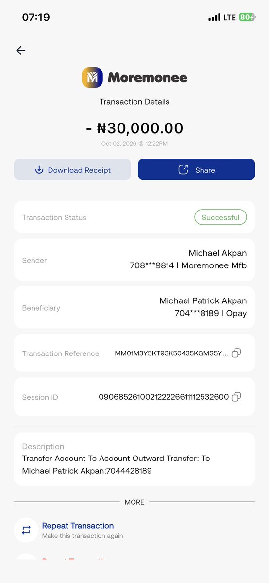 MiKha_El_'s tweet photo. On Oct 2nd, 2026, I made two transactions using @MoremoneeBank to two separate @OPay_NG accounts—mine and a friend's. Although the transactions were successful, neither the recipient nor I have received the funds in our wallets. Proofs: https://t.co/pgcy4gNt3Z