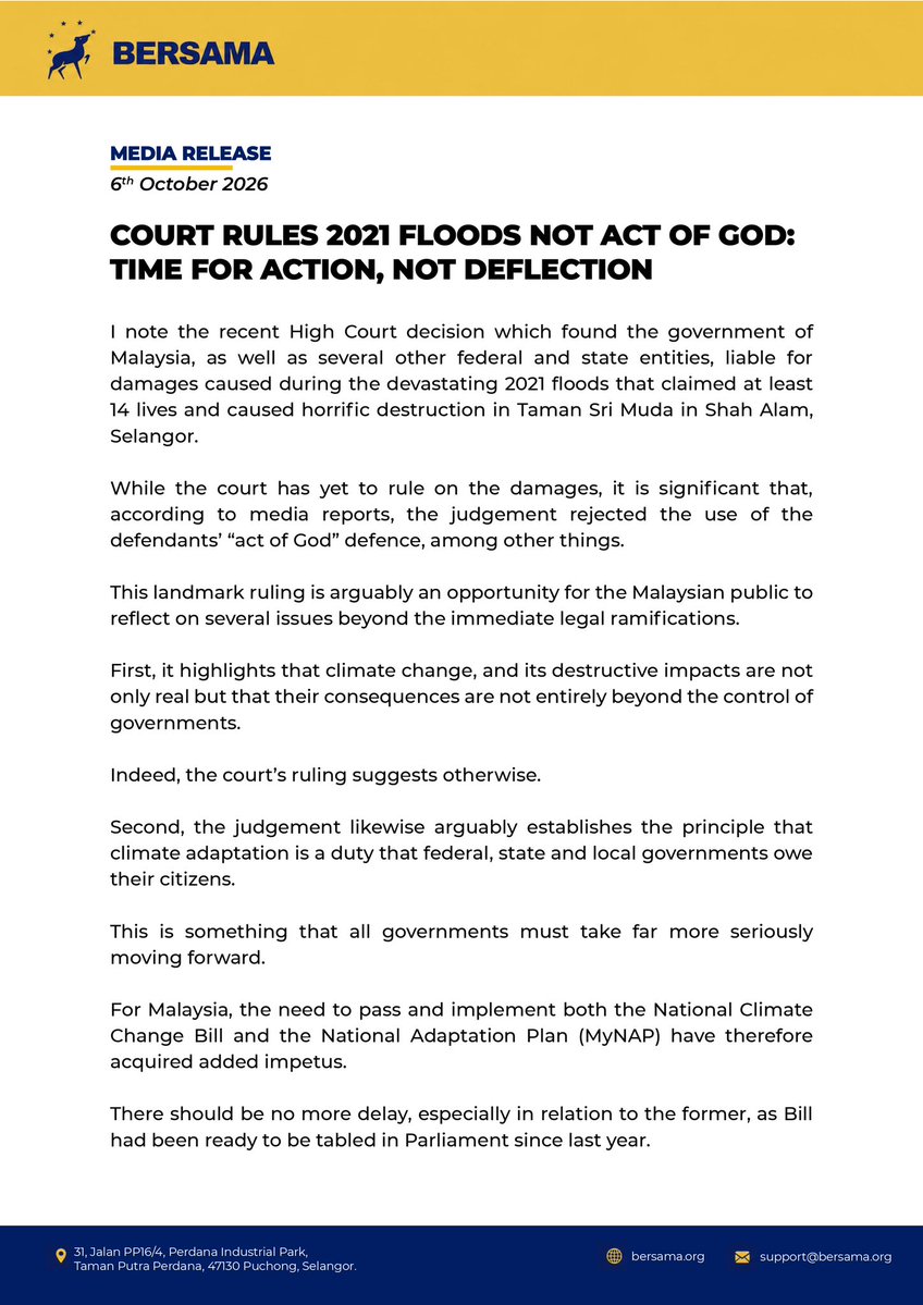 niknazmi's tweet photo. Attached is my statement regarding the court declaring the 2021 floods was not an 'act of God' and urging the government to expedite the National Climate Change Bill and MyNAP, integrating climate adaptation across government, and voters questioning parties' climate policies before elections. 

@partibersamamy