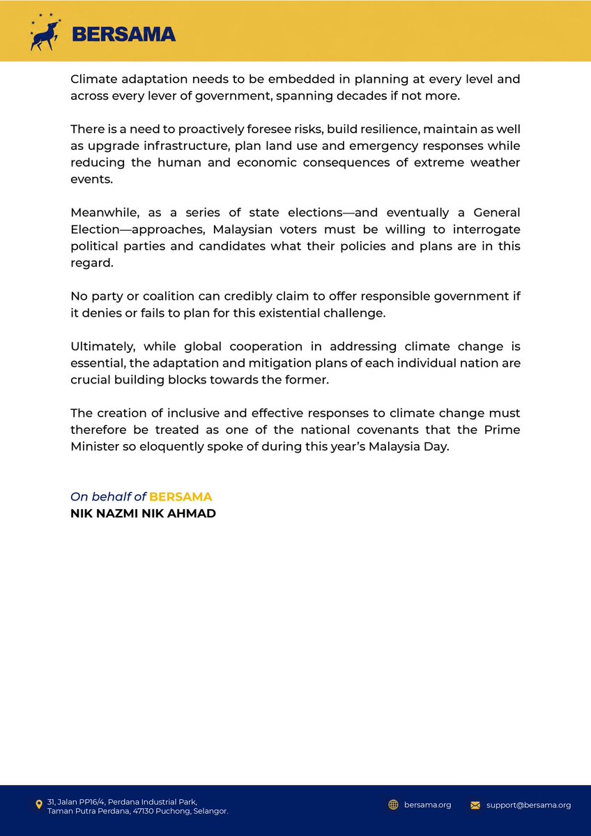 niknazmi's tweet photo. Attached is my statement regarding the court declaring the 2021 floods was not an 'act of God' and urging the government to expedite the National Climate Change Bill and MyNAP, integrating climate adaptation across government, and voters questioning parties' climate policies before elections. 

@partibersamamy