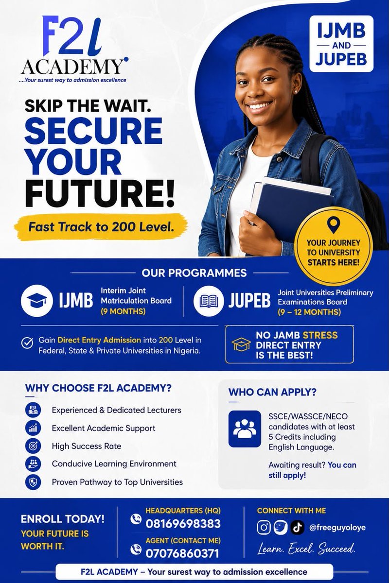 Samson_Lawal_'s tweet photo. Embrace the best alternative of gaining admission into 200 Level of any university of your choice with your dream course guaranteed without the uncertainty of JAMB UTME.

ENROLL NOW for the IJMBE A'LEVEL 2026/27. https://t.co/a7ndHSdjtG