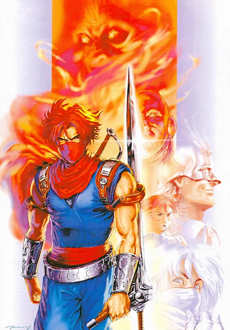 Strider 2 clean artwork by Harumaru featured on page 10 of Capcom's Secret File #26: Strider Hiryu 2. Image depicts Strider Hiryu on the left side in his usual blue attire with the red scarf, holding his cypher on his left hand with other characters faces on the right side such as a white hair masked ninja, a young woman, and a masked man with a smirk on his face. Above, part of a menacing man face can be seen as well as some ominous eyes hiding in a flame background.