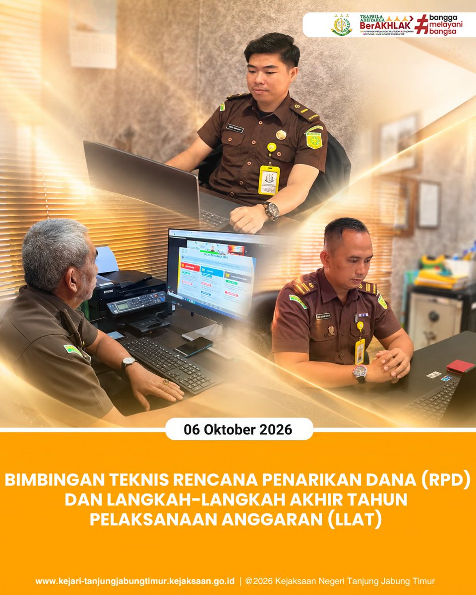 KejariTanjabTim's tweet photo. Selasa, 06 Oktober 2026 pukul 08.00 WIB s.d. selesai, telah dilaksanakaBimbingan Teknis Rencana Penarikan Dana (RPD) dan Langkah-Langkah Akhir Tahun Pelaksanaan Anggaran (LLAT) secara virtual. https://t.co/wdqPW64IlK
