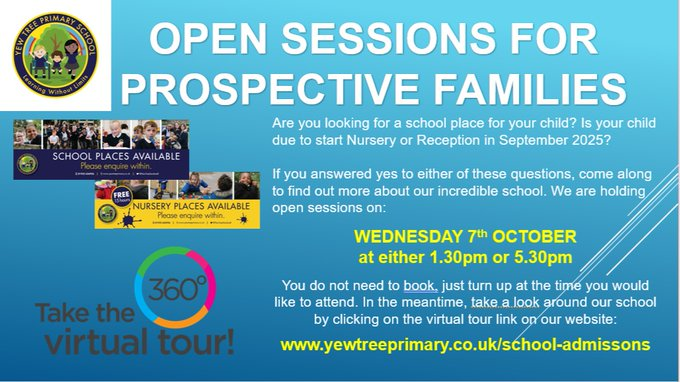 YewTreeSandwell's tweet photo. Don't forget our open day is tomorrow, Wednesday 7th October 1.30pm or 5.30pm. https://t.co/krP2q93hRs
