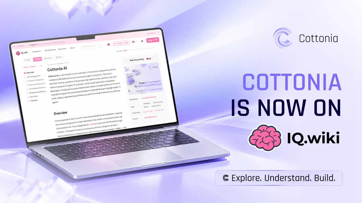 CottoniaAI's tweet photo. Another piece of the Cottonia ecosystem is now in place. 🧠

Cottonia is now on https://t.co/iqUHfZpXnt.

Our story, technology, and vision for AI infrastructure are now documented on https://t.co/iqUHfZpXnt — making it easier for builders and the wider Web3 community to learn what Cottonia is building.

From understanding AI workloads to planning the infrastructure behind them, Cottonia is building toward a more intelligent way to work with AI infrastructure.

Your workload. Your infrastructure. ⚡

Explore Cottonia on https://t.co/iqUHfZpXnt:
https://t.co/Hu6MiIoQT2

#Cottonia #IQwiki #AIInfrastructure