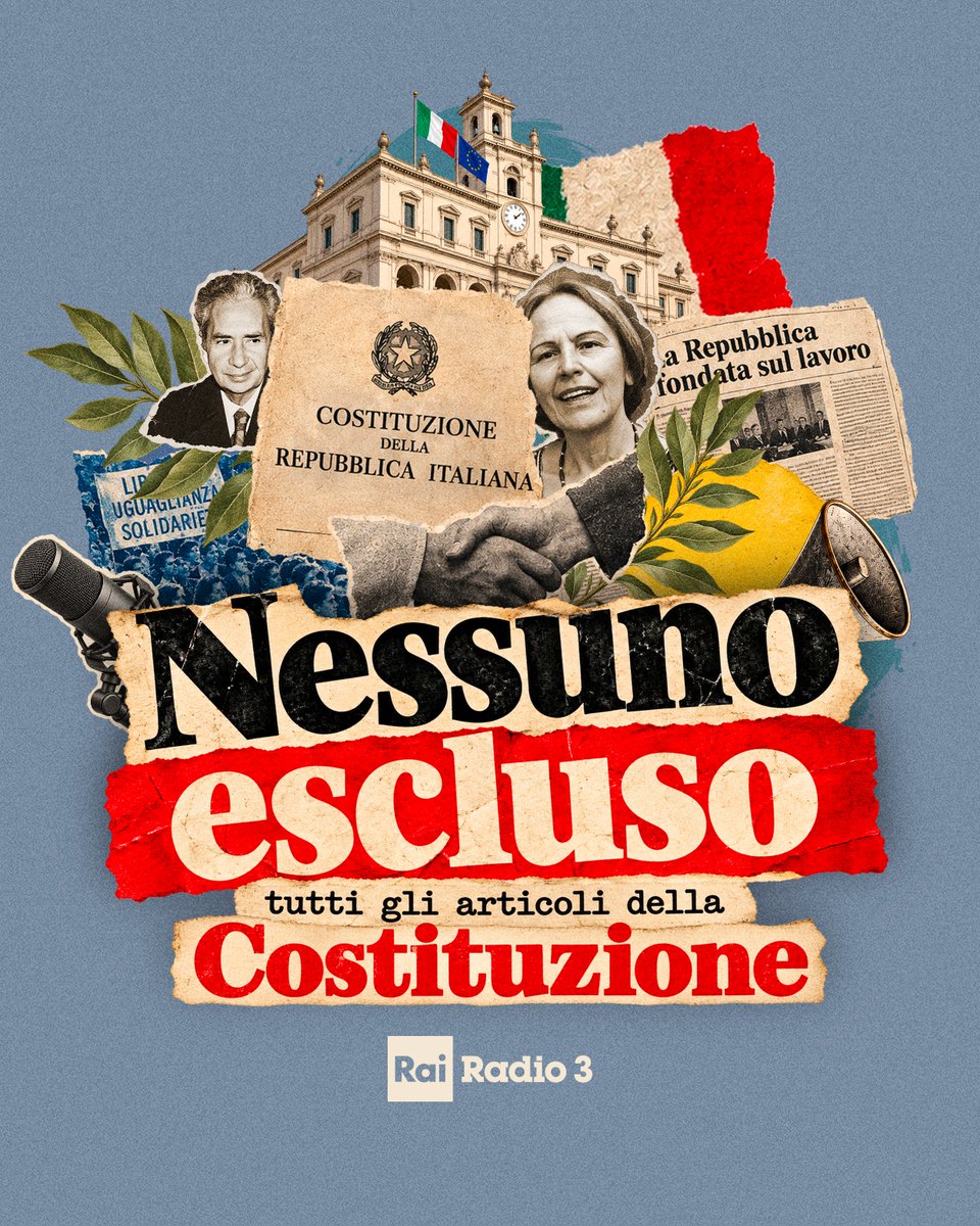 Radio3tweet's tweet photo. Nessuno escluso perché non escludiamo nessun articolo della Costituzione, perché "nessuno escluso" è uno dei concetti etici, politici e sociali che la attraversano, ma anche perché nessuno di noi è escluso dall'attuarla.
Ilaria Sotis pone al centro della riflessione, uno alla volta, gli articoli della nostra Carta fondamentale, insieme a costituzionalisti e costituzionaliste, giornalisti e giornaliste, ragazzi e ragazze, e con le letture di Michele Riondino e Lucia Mascino.
Seguiteci in questo cammino verso gli 80 anni della Costituzione, tutti i martedì e giovedì alle 17.30  alla radio e in podcast su RaiPlay Sound