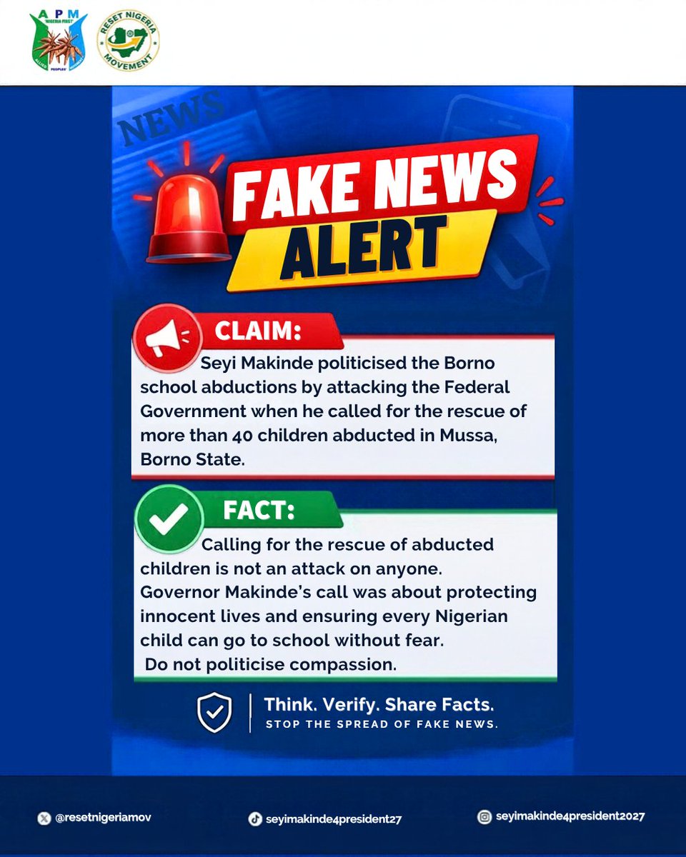 IdrisAdeoye7's tweet photo. Never politicize compassion.
​Calling for the rescue of innocent abducted children is about protecting lives, not scoring political points. Always verify. 

#Nigeriafirst #resetnigeria  #Voteseyimakinde4president 
#Resetnigeria2027 #Seyimakinde2027 #Seyimakinde4president2027 https://t.co/otisjyMskg