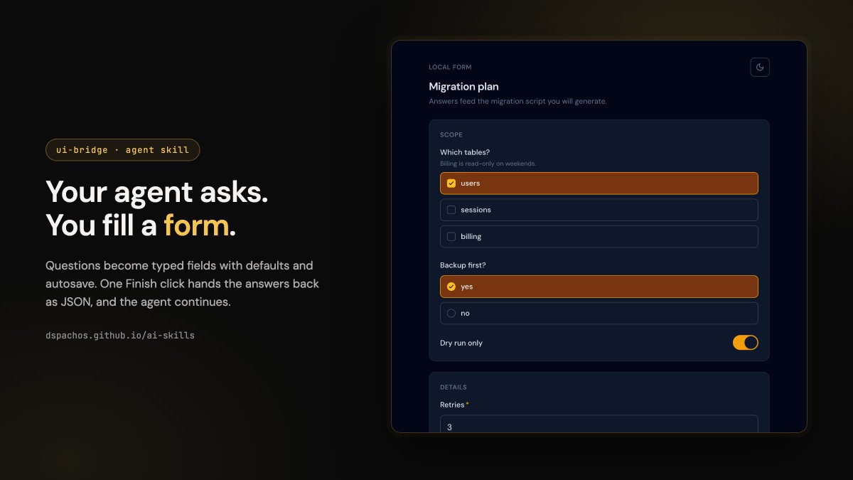 dspachos's tweet photo. Stop letting your agent interview you through a chat box. When it needs a plan, make it build you a form. Click, Finish, done. Sometimes a simple UI just beats the CLI.   
ui-bridge: https://t.co/gYu380O6bv https://t.co/SwVUqKOnDL
