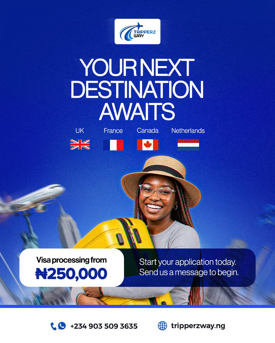 TripperzWay's tweet photo. Planning your next international trip?

Start your visa process from ₦250,000. DM TripperzWay to get started.

#TripperzWay #VisaApplication #TravelNigeria #InternationalTravel https://t.co/0yOGmZJuCS