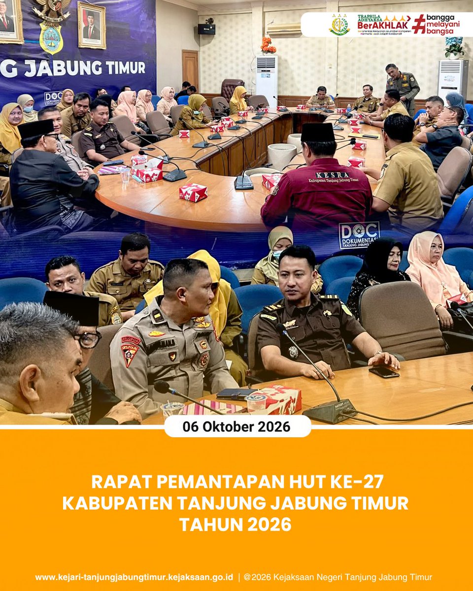 KejariTanjabTim's tweet photo. Selasa, 06 Oktober 2026 Pukul 09.00 WIB bertempat di Ruang Rapat Utama Kantor Bupati Tanjung Jabung Timur, Ahmad Yaser Arafat, S.H., M.H. telah menghadiri Rapat Pemantapan HUT Ke-27 Kabupaten Tanjung Jabung Timur Tahun 2026 https://t.co/uTwfHb4ReO