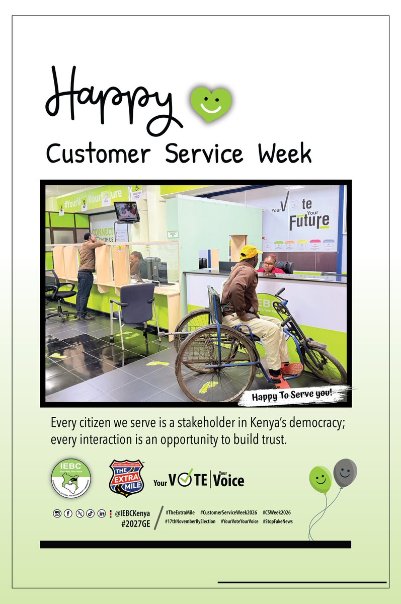 IEBCKenya's tweet photo. HAPPY CUSTOMER SERVICE WEEK!

“Every citizen we serve is a stakeholder in Kenya’s democracy; every interaction is an opportunity to build trust.” 
 
#YourVoteYourVoice

#TheExtraMile #CustomerServiceWeek2026 #CSWeek2026     #17thNovemberByElection    #2027GE https://t.co/qUR0FQ7b92