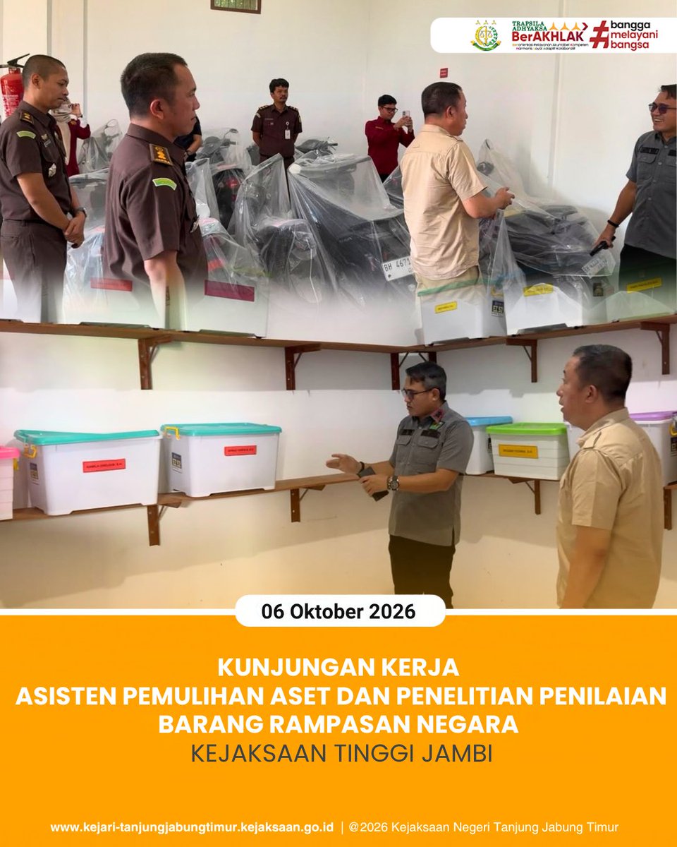 KejariTanjabTim's tweet photo. Selasa, 06 Oktober 2026, pukul 10.00 WIB. Kepala Kejaksaan Negeri Tanjab Timur menerima Kunjungan Kerja Asisten Pemulihan Aset Kejaksaan Tinggi Jambi (Romy Arizyanto, S.H., M.H.), dalam rangka Penelitian dan Penilaian Barang Rampasan Negara pada Kejari Tanjung Jabung Timur. https://t.co/AXeDTUqEjd
