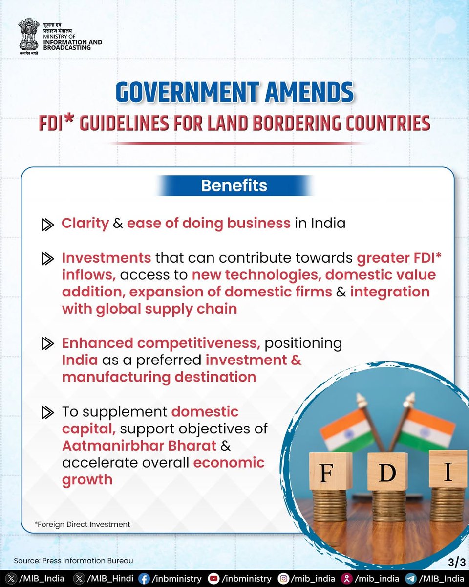 2LexTerrae's tweet photo. India’s revised Foreign Direct Investment (#FDI) attracts INR 4,895.65 CR across 29 investment proposals up to August 20, 2026 registered under the updated framework. 

Key takeaways:

1. Key Inflows: Investments from the #US, Mauritius, #ROK, #Japan, Singapore, Luxembourg & Cayman Islands into AI, IT, Pharma & Data Centres reported by the @DoC_GoI. 

2. Refinement of Press Note 3 (#PN3): Relaxed strict prior-approval requirements under PN3 (2020) by allowing foreign entities with non-controlling beneficial ownership of up to 10% from Land Bordering Countries (#LBCs) to invest in India. 

3. Fast-Track Clearance: A #60day deadline established to fast-track investment proposals from #LBCs (including #China) targeting key sectors such as electronic capital goods, polysilicon and ingot-wafer for solar cells.

4. Domestic Safeguards: Majority shareholding and control of the investee entity will be with resident Indian citizen(s) and/or resident Indian entity(ies) owned and controlled by resident Indian citizen(s), at all times.

5. Strategic Approvals: @DixonTech_India and @Vivo_India (#VMI) cleared for manufacturing electronic devices and smartphones.

#FDI #FDIPolicy #ForeignDirectInvestment #IndiaEconomy #MakeInIndia #InvestInIndia #EaseOfDoingBusiness #PressNote3  #DPIIT #FEMARegulations #CorporateLaw #RegulatoryCompliance #CrossBorderMA #ForeignExchangeLaw #LegalAdvisory #ElectronicsManufacturing #DeepTechIndia #SemiconductorIndia #DataCentres #AIInvestment #CapitalGoods #SupplyChainResilience #LandBorderingCountries #IndoPacificTrade #GlobalCapital #OffshoreInvestment #StrategicInvestment

@mygovindia @DPIITGoI @FinMinIndia @GoI_MeitY @MIB_India @2LexTerrae