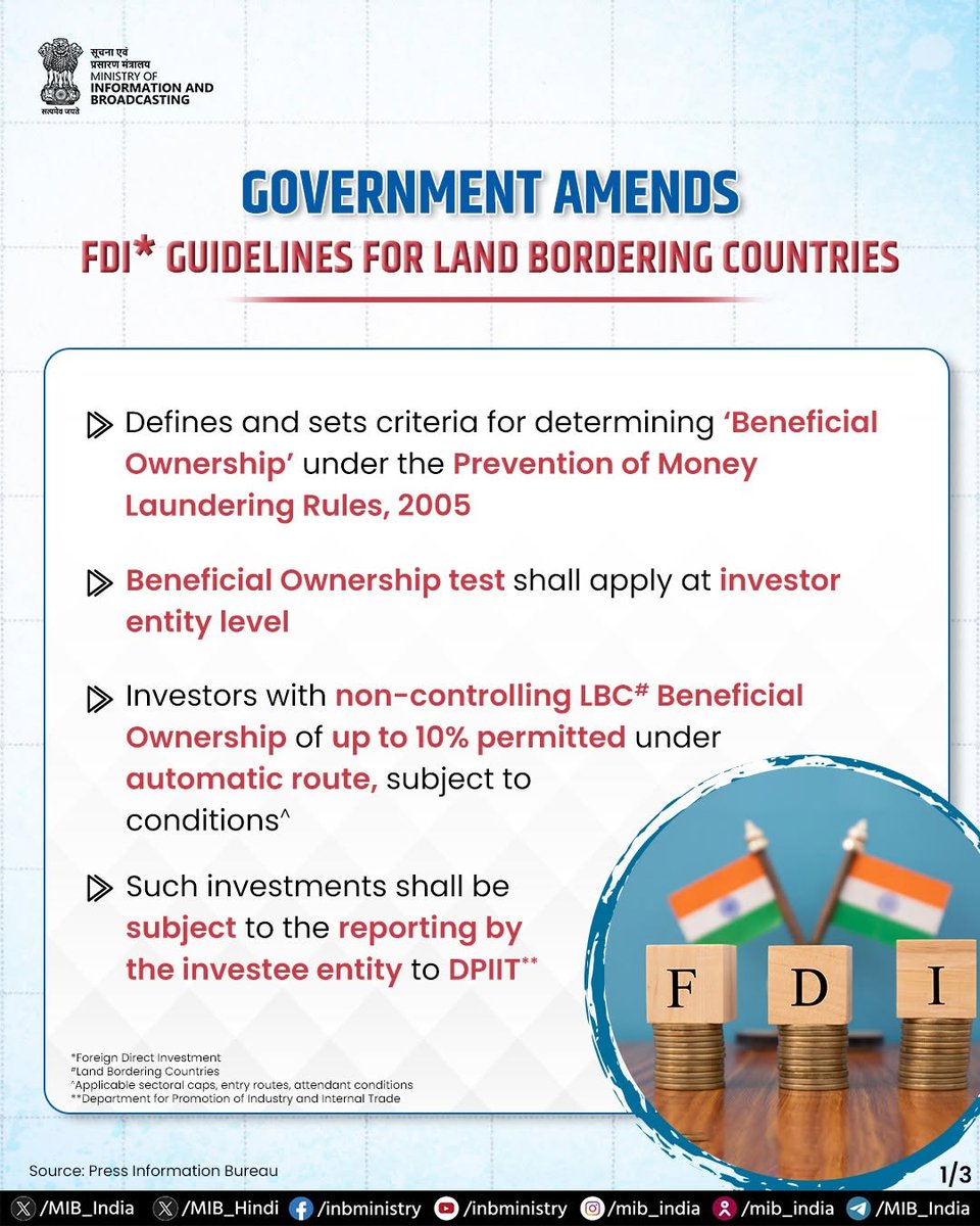 2LexTerrae's tweet photo. India’s revised Foreign Direct Investment (#FDI) attracts INR 4,895.65 CR across 29 investment proposals up to August 20, 2026 registered under the updated framework. 

Key takeaways:

1. Key Inflows: Investments from the #US, Mauritius, #ROK, #Japan, Singapore, Luxembourg & Cayman Islands into AI, IT, Pharma & Data Centres reported by the @DoC_GoI. 

2. Refinement of Press Note 3 (#PN3): Relaxed strict prior-approval requirements under PN3 (2020) by allowing foreign entities with non-controlling beneficial ownership of up to 10% from Land Bordering Countries (#LBCs) to invest in India. 

3. Fast-Track Clearance: A #60day deadline established to fast-track investment proposals from #LBCs (including #China) targeting key sectors such as electronic capital goods, polysilicon and ingot-wafer for solar cells.

4. Domestic Safeguards: Majority shareholding and control of the investee entity will be with resident Indian citizen(s) and/or resident Indian entity(ies) owned and controlled by resident Indian citizen(s), at all times.

5. Strategic Approvals: @DixonTech_India and @Vivo_India (#VMI) cleared for manufacturing electronic devices and smartphones.

#FDI #FDIPolicy #ForeignDirectInvestment #IndiaEconomy #MakeInIndia #InvestInIndia #EaseOfDoingBusiness #PressNote3  #DPIIT #FEMARegulations #CorporateLaw #RegulatoryCompliance #CrossBorderMA #ForeignExchangeLaw #LegalAdvisory #ElectronicsManufacturing #DeepTechIndia #SemiconductorIndia #DataCentres #AIInvestment #CapitalGoods #SupplyChainResilience #LandBorderingCountries #IndoPacificTrade #GlobalCapital #OffshoreInvestment #StrategicInvestment

@mygovindia @DPIITGoI @FinMinIndia @GoI_MeitY @MIB_India @2LexTerrae