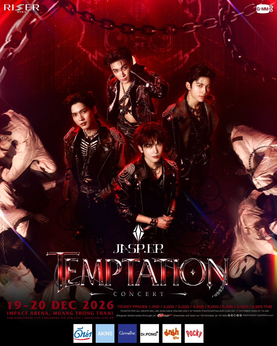 JASP_ERofficial's tweet photo. ‘https://t.co/Z4m55oLL8f TEMPTATION CONCERT’ ⛓️❤️‍🔥 

🗓️19-20 DECEMBER 2026
📍Impact Arena, Muang Thong Thani
And worldwide live streaming via TTM LIVE  TICKETS FOR ALL SEATS WILL BE AVAILABLE ONLINE ONLY
AT THAITICKETMAJOR
ON 17 OCTOBER AT 10 AM
(Regular ticket sales through all ThaiTicketMajor channels will start on 18 OCTOBER AT 10 AM) 
🔗 MORE INFO : https://t.co/CeOZRKE0wF 
#JASPERCONCERT
#JASPER
#RISERMUSIC
#GMMTV