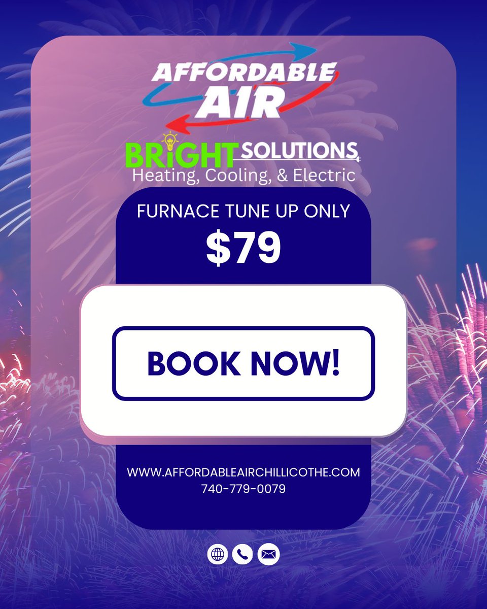 aairchilli's tweet photo. 🍂 Get your furnace ready before the cold arrives! Schedule Affordable Air’s $79 Furnace Tune-Up Special. Appointments are filling quickly—call 740-779-0079 or book at https://t.co/Vlb1ARrfF5 today! 🔥 #AffordableAir #FurnaceTuneUp #ChillicotheOH https://t.co/PUtDtWju3O