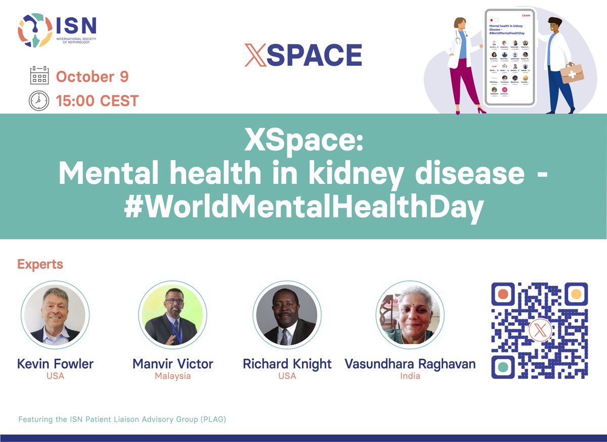 ISNkidneycare's tweet photo. 📅 𝗦𝗔𝗩𝗘 𝗧𝗛𝗘 𝗗𝗔𝗧𝗘

🧠 How does living with kidney disease affect mental health?

Its impact reaches beyond kidney function, affecting relationships, work, and everyday life.

▶️ Mental health is kidney health.

This #WorldMentalHealthDay, join the ISN Patient Advisory Group for a special ISN Space exploring the mental health challenges faced by people living with kidney disease and how kidney care can better support mental well-being.

🗓️ October 9
⏰ 15:00 CEST
🎙️ Live on X @ISNkidneycare: https://t.co/qKCiafuWaH

#KidneyHealthMatters #MentalHealth