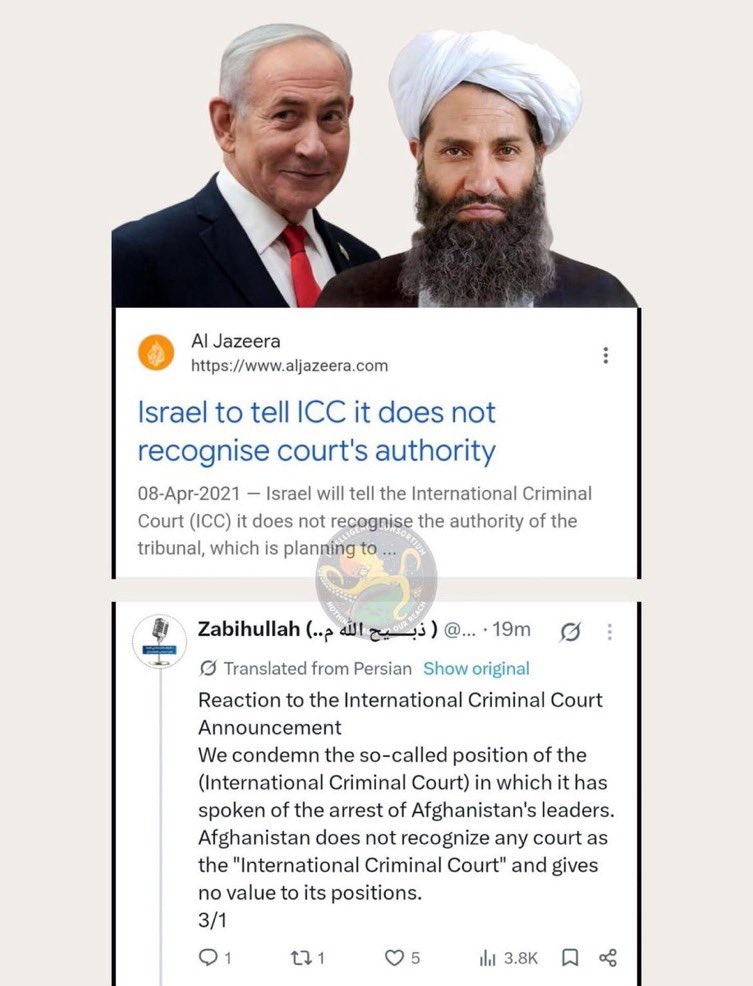 TheTruthUn1661's tweet photo. Afghan Taliban and Israel 
Two sides of the same coin

Arrest warrants were issued by the International Criminal Court (ICC) against both over violations of international law and human rights.

#LaCasaDeLosFamososCol3 #ラヴィット #DigitalBlackoutlran https://t.co/wOVoKUlupT