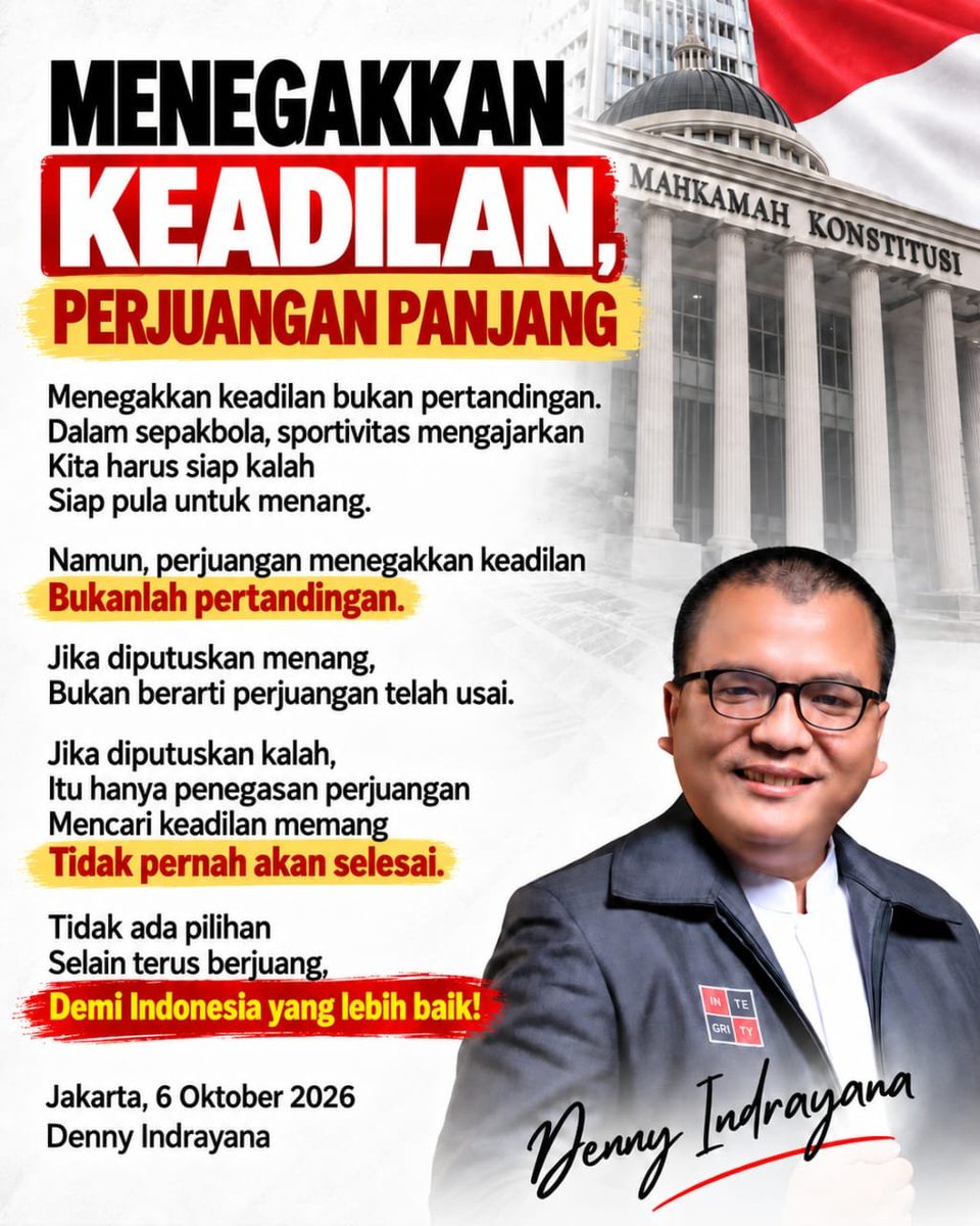 dennyindrayana's tweet photo. Ini pesan saya jelang putusan MK:

Kita akan terus berjuang
Kita akan terus melawan
Demi Indonesia yang kita cintai
Demi Indonesia yang lebih baik! https://t.co/khhfxji7vc