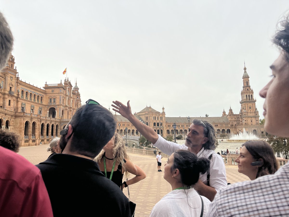CellPressEvents's tweet photo. Entertaining walking tour through Plaza de España to a memorable Meet the Speakers dinner! Attendees chose a speaker to join for a multi-course meal, then a live band got the room dancing, with co-organizer Rafael de Cabo leading the way! #CSAging2026 @CellPressEvents https://t.co/cn28ExQ9w6