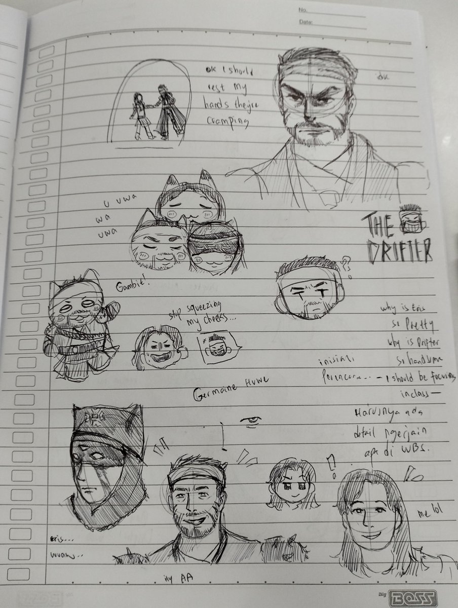 Karisuta_san's tweet photo. A LOT of Destiny 2 Drifter and Eris doodles during class cuz. Aaaaaa. Featuring a Slay the Spire 2 but instead if Necrobinder, Drifter is there. Idk guys I love #DrifterDestiny2 https://t.co/ei1phKXZbE