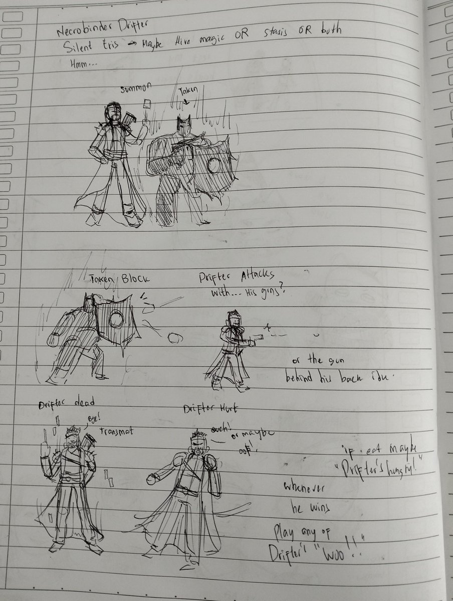 Karisuta_san's tweet photo. A LOT of Destiny 2 Drifter and Eris doodles during class cuz. Aaaaaa. Featuring a Slay the Spire 2 but instead if Necrobinder, Drifter is there. Idk guys I love #DrifterDestiny2 https://t.co/ei1phKXZbE