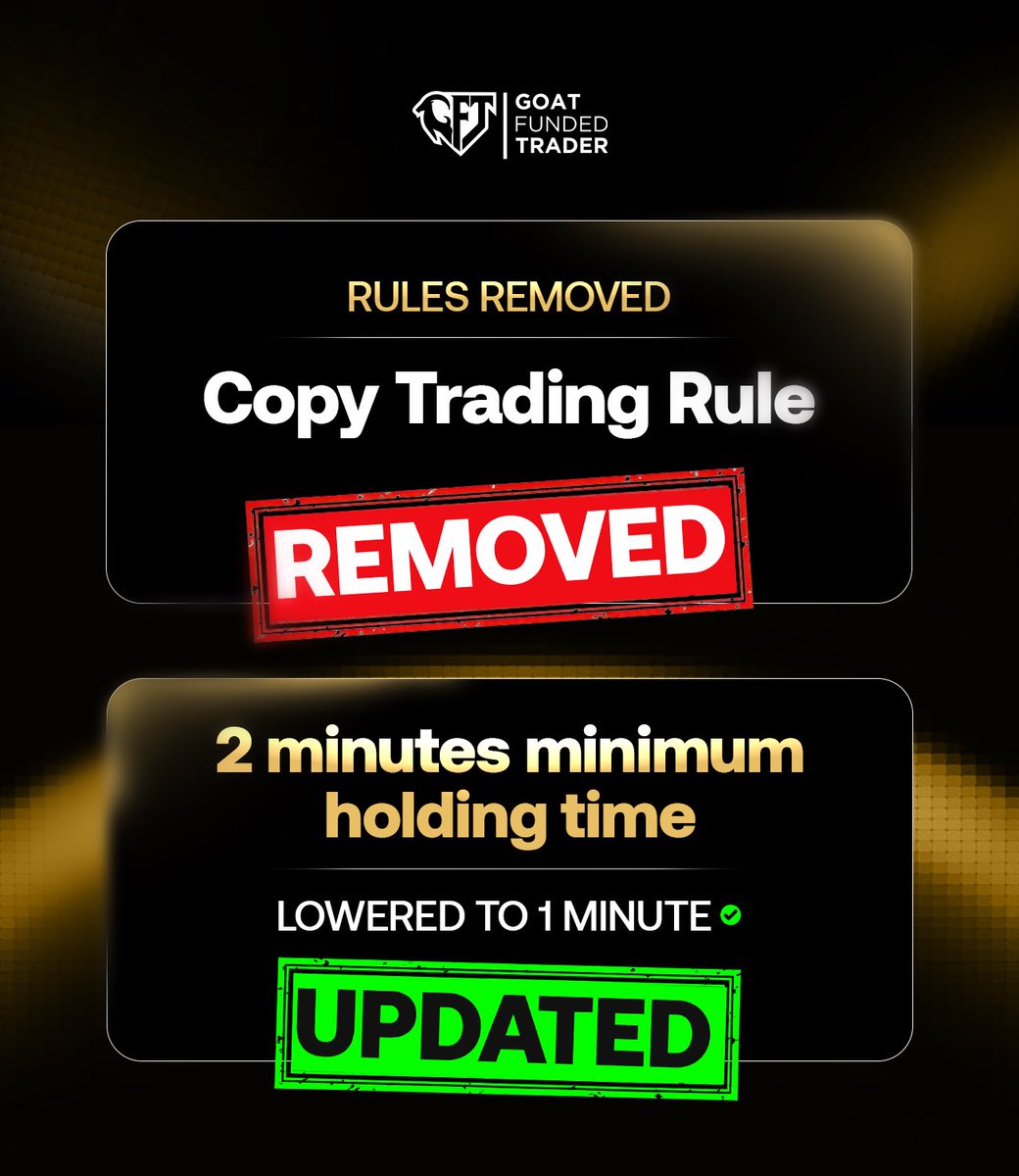 GoatFunded's tweet photo. 🚨 2 RULES REMOVED/UPDATED 🚨

You ask, GFT delivers 

1️⃣ Minimum Holding Time Reduced
 The minimum trade holding time has been lowered from 2 minutes to 1 minute. ✅
For new purchases only

2️⃣ Copy Trading Rule Relaxed
 You can now copy trades between your own GFT accounts.

✅ Allowed • Copying between any of your own GFT accounts • Funded ↔ Funded • Challenge ↔ Challenge • Challenge ↔ Funded

❌ Not Allowed • Copying another trader's trades • Copying between your GFT account and a personal broker account • Copying between your GFT account and an account at another prop firm