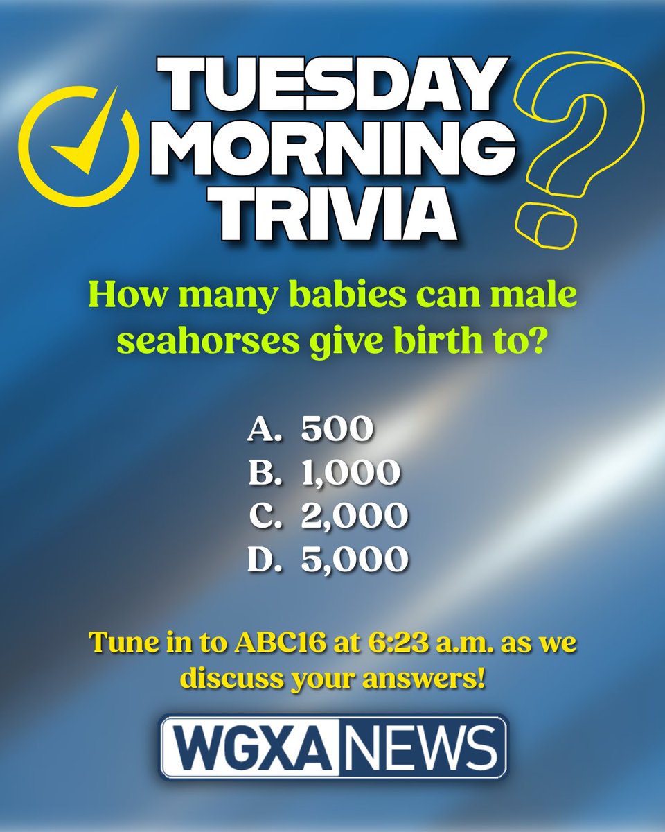 WGXAnews's tweet photo. Happy Tuesday, everyone! Tune in to ABC16 or watch us online at https://t.co/AWiMBVwgpP for the answer to today's morning trivia question.
#WGXA #Trivia #MorningTrivia #MiddleGA #Macon #Tuesday https://t.co/1EAxb7F6Ku
