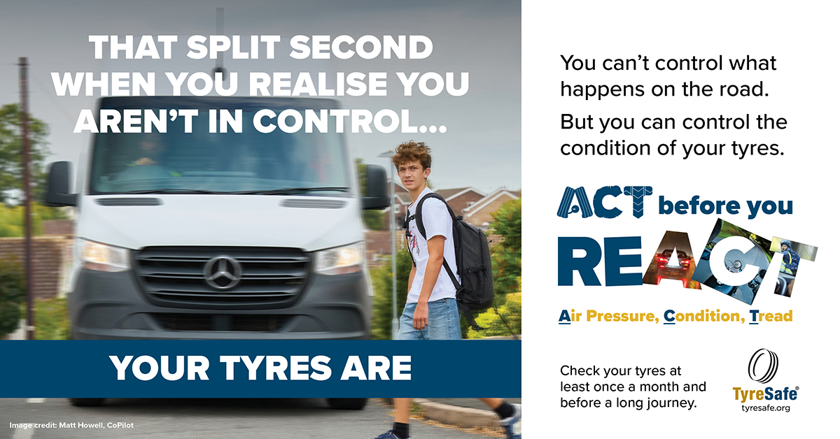 Tyresafe's tweet photo. Think you're in control? 83% of drivers do too. Yet our research found 94% underestimate how much further it takes to stop in wet conditions at motorway speeds. Are you as prepared as you think? #TyreSafetyMonth #ACTBeforeYouREact https://t.co/eEHZsya5us