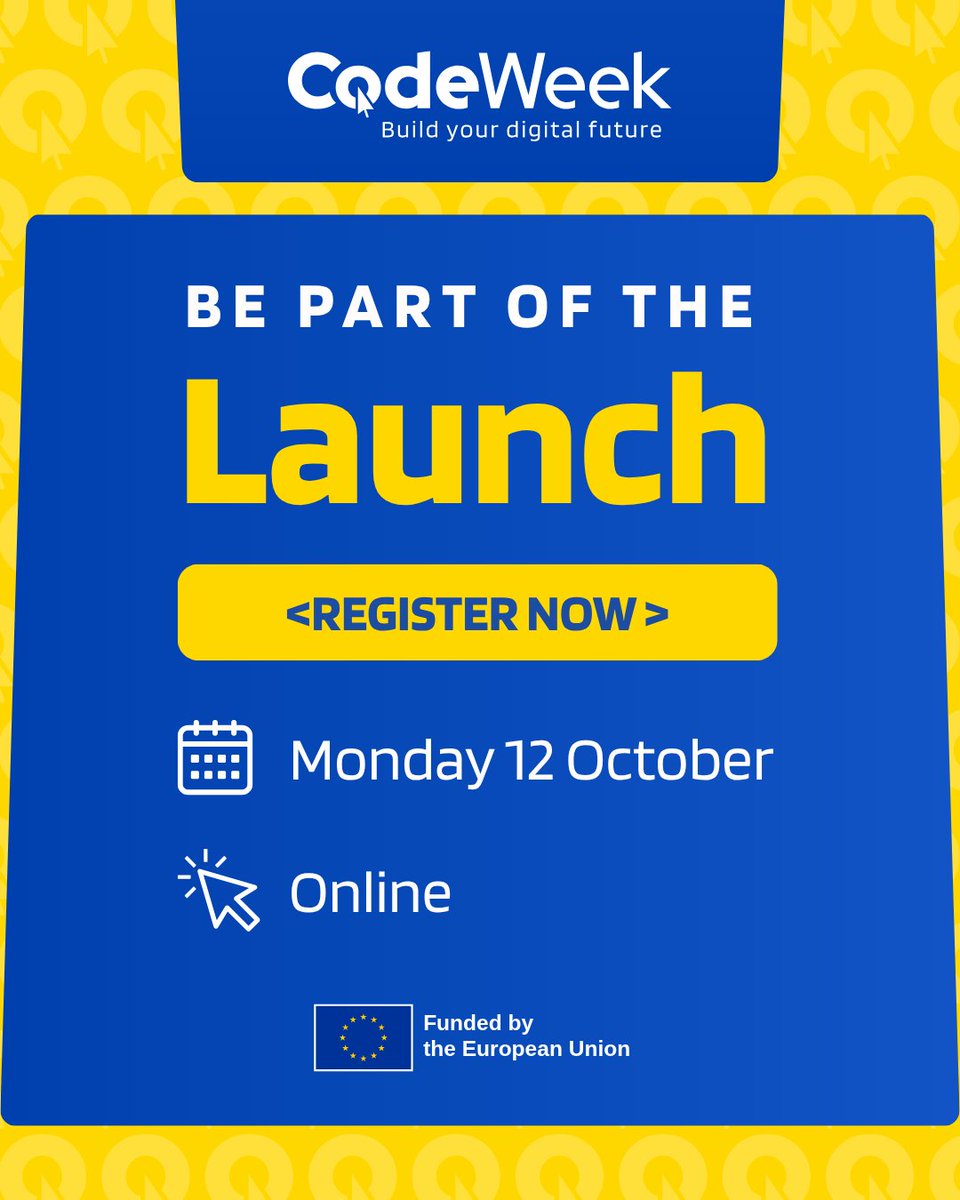 CodeWeekEU's tweet photo. EU Code Week 2026 is almost here! Join the official launch online to explore coding in the age of AI, new Minecraft Education activities, and more. 🚀

📅 12 Oct | 14:00–16:00 CEST
👉 Register: https://t.co/mmtCGnAqNY

#EUCodeWeek https://t.co/PFfXIBiqDb