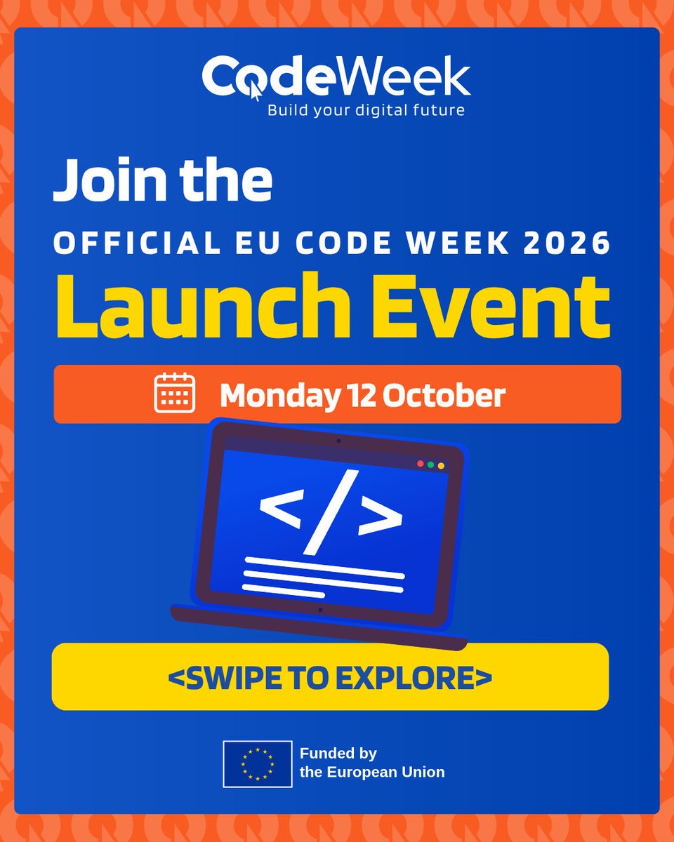 CodeWeekEU's tweet photo. EU Code Week 2026 is almost here! Join the official launch online to explore coding in the age of AI, new Minecraft Education activities, and more. 🚀

📅 12 Oct | 14:00–16:00 CEST
👉 Register: https://t.co/mmtCGnAqNY

#EUCodeWeek https://t.co/PFfXIBiqDb