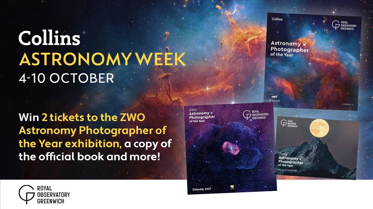 CollinsAstro's tweet photo. #GIVEAWAY ✨

We have partnered with @RMGreenwich to give away 2 tickets to the ZWO #AstronomyPhotographerOfTheYear exhibition, a copy of the new Astronomy Photographer of the Year book and more!

https://t.co/Eyl1hqVh1Y

#CollinsAstronomyWeek #Competition #APY @WorldSpaceWeek https://t.co/Qd5uNfgdh2
