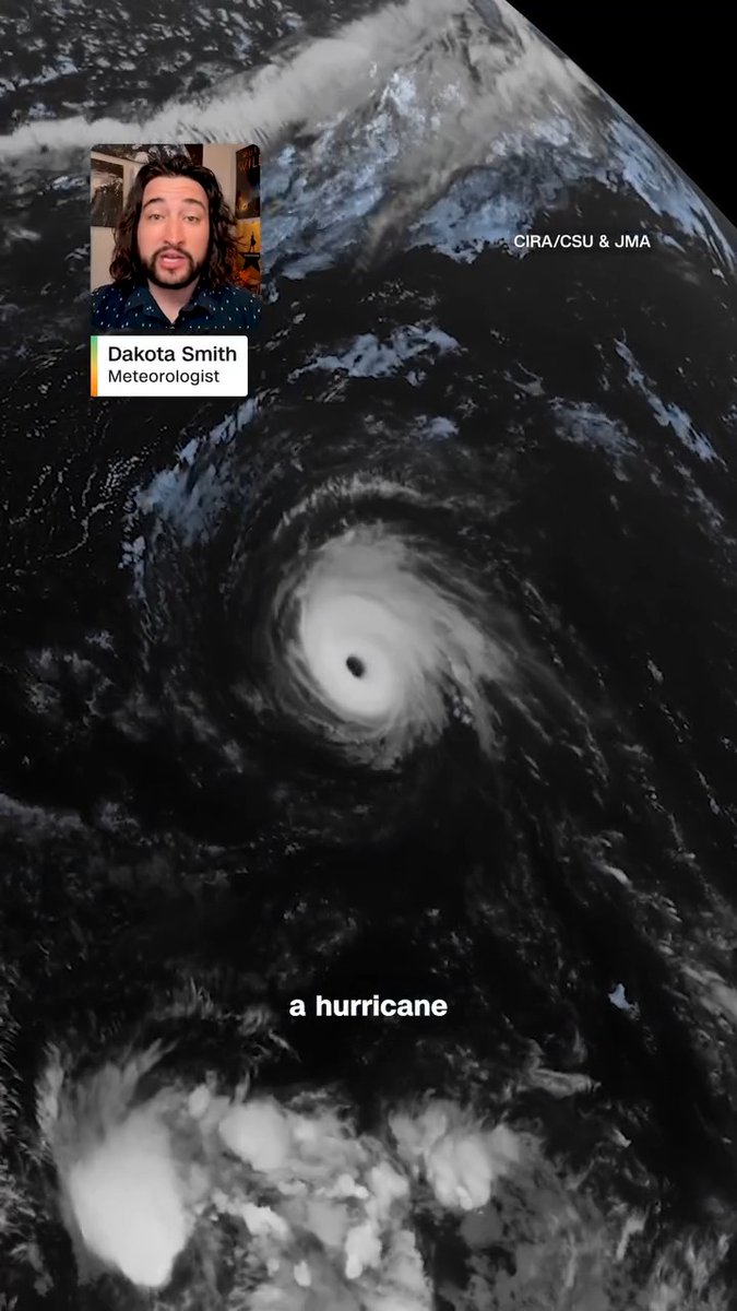 A satellite view of a hurricane from space is shown with a meteorologist named Dakota Smith pictured in a profile bubble, with the text 'CIRA/CSU & JMA' and 'a hurricane' visible.