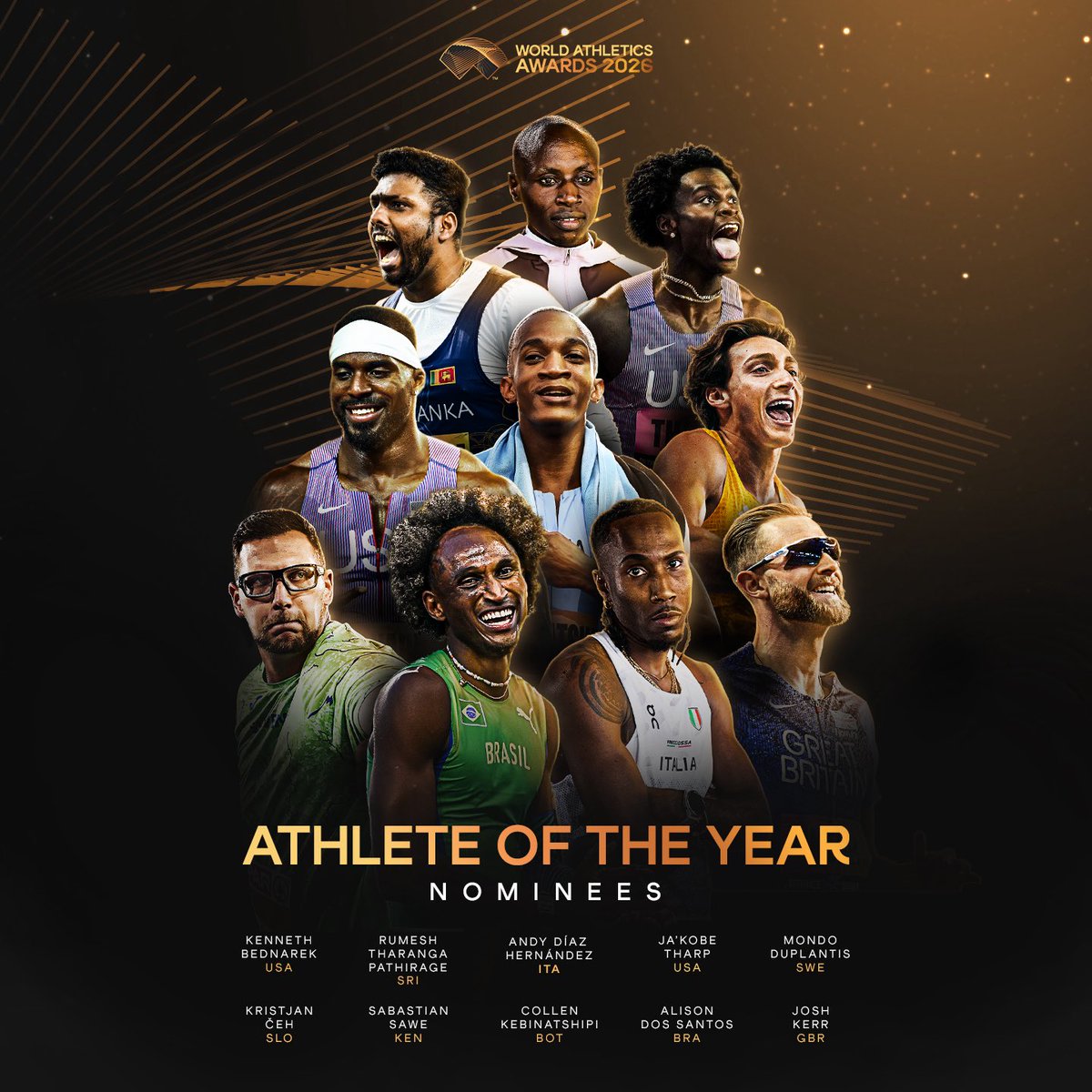 WorldAthletics's tweet photo. The 2026 Men’s World Athlete of the Year Nominees ✨

Who has your vote? 👉 https://t.co/QGROSu3J3K

Voting closes on Saturday 17th of October at 11:59 PM CEST.

#AthleticsAwards https://t.co/62wyFKXJdr