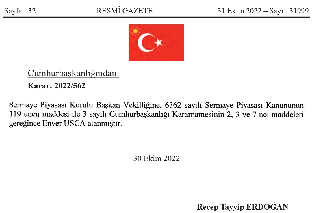 r_x_p_u's tweet photo. Resmi Gazete'nin 31 Ekim 2022 tarihli sayısında yer alan Cumhurbaşkanı atama kararına göre, görevden alınan SPK Başkan Vekili Mutalip Ünal'ın yerine Enver Usca, SPK Üyesi Ali Akay'ın yerine ise Bülent Murat Hahoğlu getirildi
Değişiklikten 2 ay sonra spk Tera yatırıma onay verdi. https://t.co/hfslTQw3eq