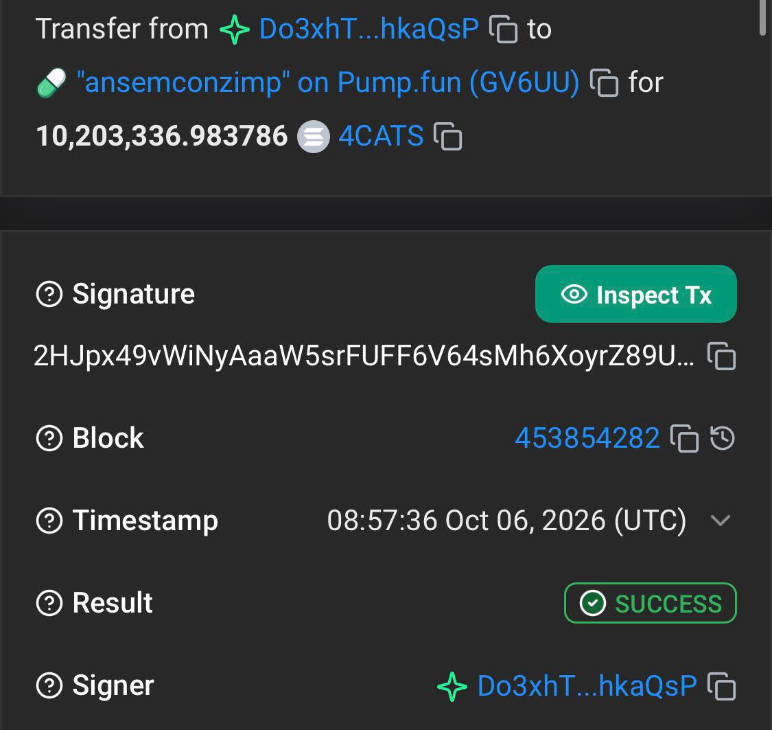 4_CATS_OnSOL's tweet photo. The first 1% has already been bought and sent to Ansem’s wallet.

Now we’re aiming for the MAIN target: 50%.

If $SHIB can burn 50% of its supply, imagine $4CATS sending 50% to Ansem.

$4CATS time is coming !!

https://t.co/Z2fDhqCidB

6HD1iyTY4ChvoFEKgQ2tV4rHavrpR1yJw9Kwyqtm7hmC https://t.co/D1nTmDGSu0