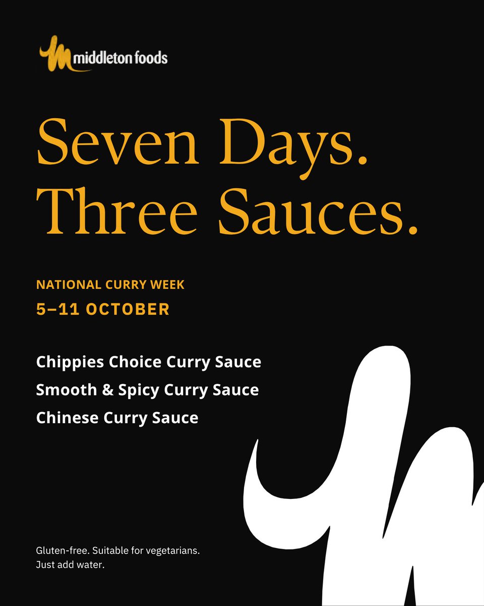 MiddletonFrying's tweet photo. Seven Days. Three Sauces.

National Curry Week is the perfect excuse to put curry sauce in the spotlight.

Chippies Choice. Smooth &amp; Spicy. Chinese Curry Sauce.

Which one are you choosing? 

#MiddletonFoods #NationalCurryWeek #CurrySauce #BetterBatter #MarketLeaders https://t.co/9FCR5FuDdy