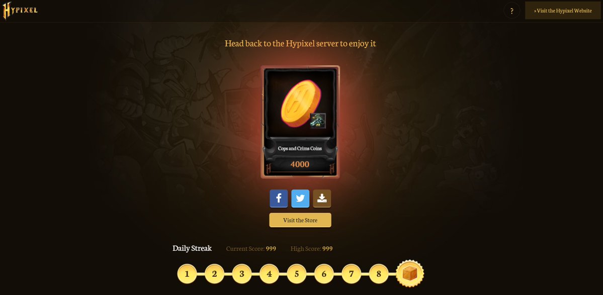BraveCreeperJPN's tweet photo. ログボ(Daily Reward Card) 999日連続達成
やっと4桁突入。

#Hypixel Daily Streak 999
#Minecraft https://t.co/QYhC1aYWJQ