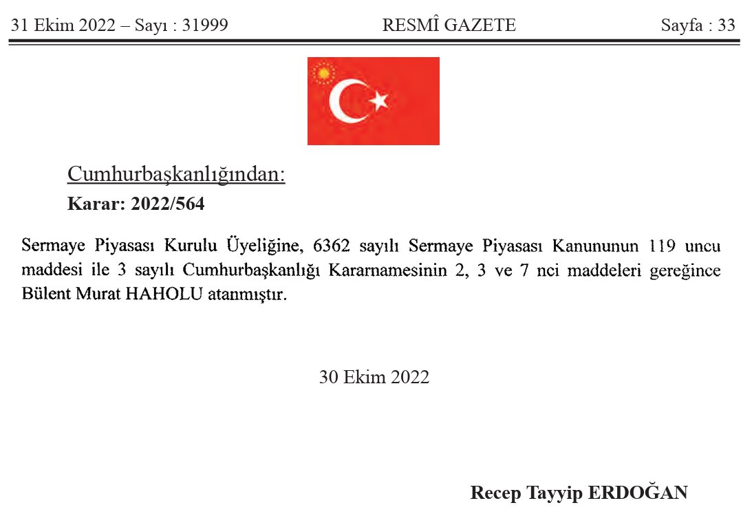 r_x_p_u's tweet photo. Resmi Gazete'nin 31 Ekim 2022 tarihli sayısında yer alan Cumhurbaşkanı atama kararına göre, görevden alınan SPK Başkan Vekili Mutalip Ünal'ın yerine Enver Usca, SPK Üyesi Ali Akay'ın yerine ise Bülent Murat Hahoğlu getirildi
Değişiklikten 2 ay sonra spk Tera yatırıma onay verdi. https://t.co/hfslTQw3eq