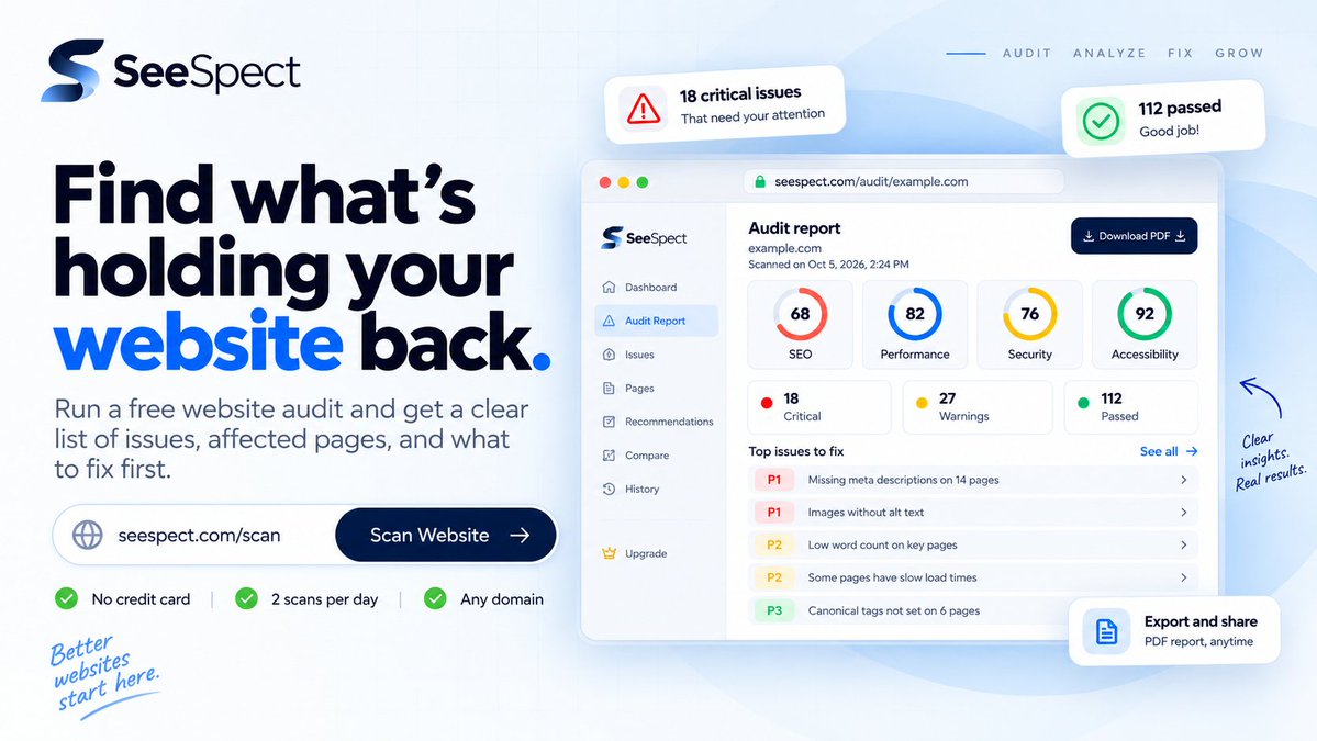 SeeSpect_'s tweet photo. Find out what’s holding your website back.
Run a free SeeSpect audit to see affected pages, prioritized issues, and what to fix first.
No credit card required.