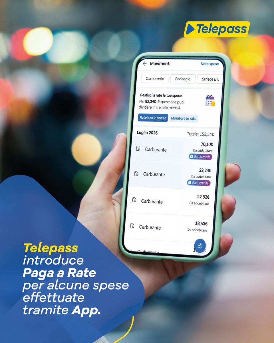 telepass's tweet photo. Poter distribuire nel tempo le spese legate alla mobilità può offrire maggiore flessibilità nella pianificazione delle uscite, per questo è nato Paga a Rate, il nuovo servizio #Telepass che permette di suddividere in tre mensilità alcune spese effettuate tramite App, tra cui carburante, bollo, revisione, ricariche elettriche e biglietti dei treni.

Il servizio è disponibile con la nuova offerta Telepass Sempre Più e per i clienti Plus, Easy e Zero che potranno rateizzare importi pari o superiori a 10 euro, ad esclusione del telepedaggio. 

È il cliente a scegliere direttamente dall’App se e quando utilizzarlo, senza alcun automatismo.