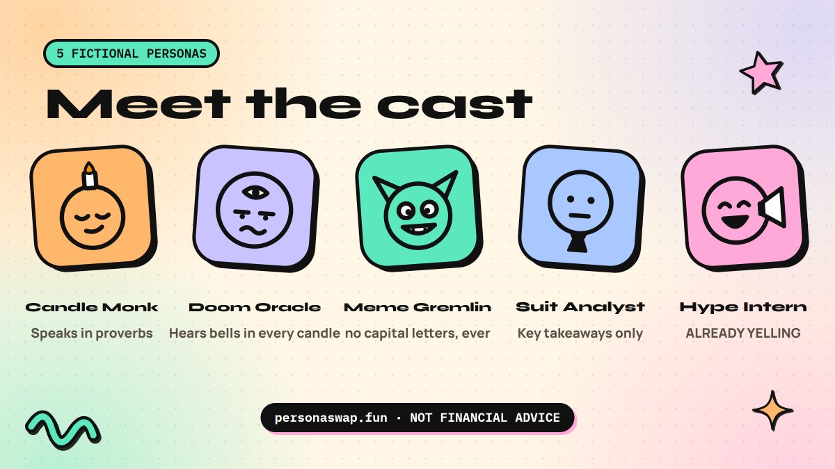 personaswap's tweet photo. Meet the cast:

Candle Monk speaks in proverbs.
Doom Oracle hears bells in every candle.
Meme Gremlin has never used a capital letter.
Suit Analyst only does key takeaways.
Hype Intern is already yelling.

All fictional. Zero financial advice.
https://t.co/aM1k8jplGR https://t.co/BN8M5jibMn