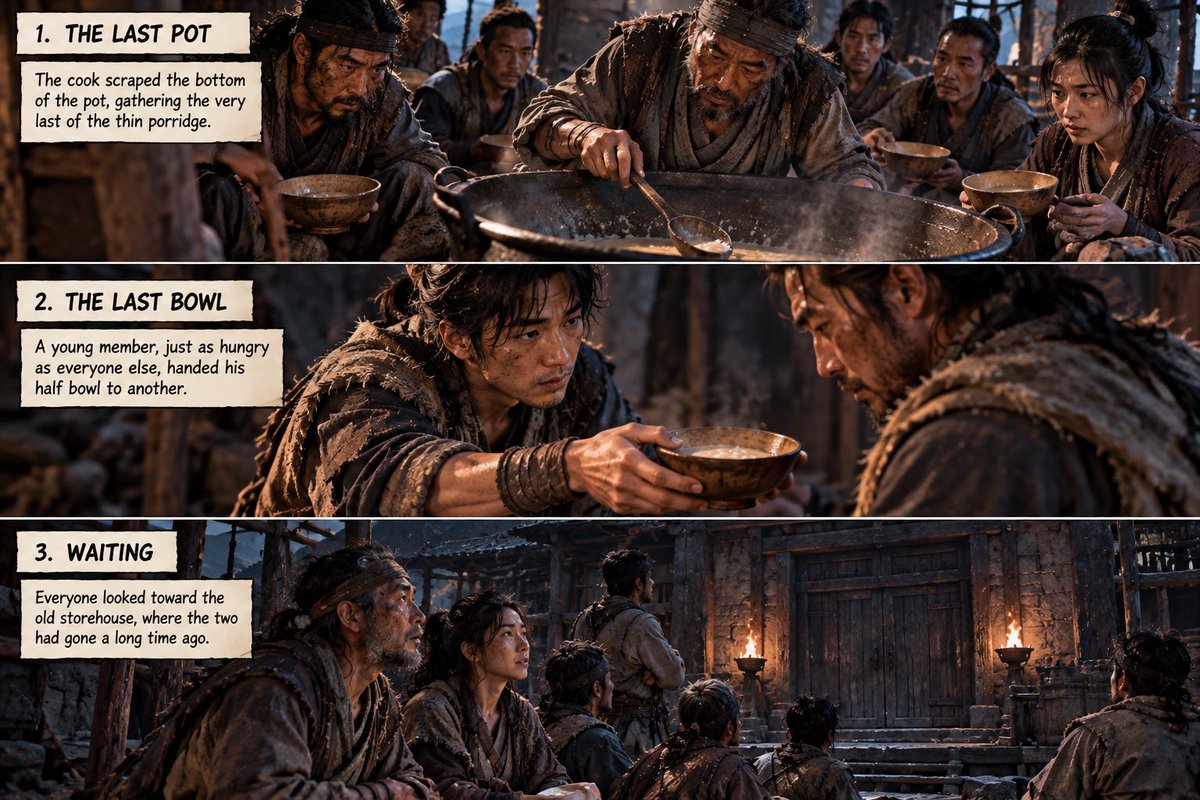 NightSignal1987's tweet photo. The last pot of rice was almost gone.

No one complained. There wasn't enough energy left for that.

One of the younger men looked at his half-empty bowl, hesitated, then quietly pushed it toward the man beside him.

“Eat.”

The other man shook his head.

“You need it too.”

Across the courtyard, someone looked toward the old storeroom.

“The Chief has been in there a long time.”

Another voice came from behind him.

“You think he ran away?”

A few people exchanged glances.

“With Qingyao?”

Silence.

Then the old cook scraped his ladle across the bottom of the empty pot.

“Whatever they're doing...”

He looked toward the closed door.

“They'd better come back soon.”

EP.13 — The Last Bowl

#Fantasy #Cultivation #PortalFantasy #WebFiction