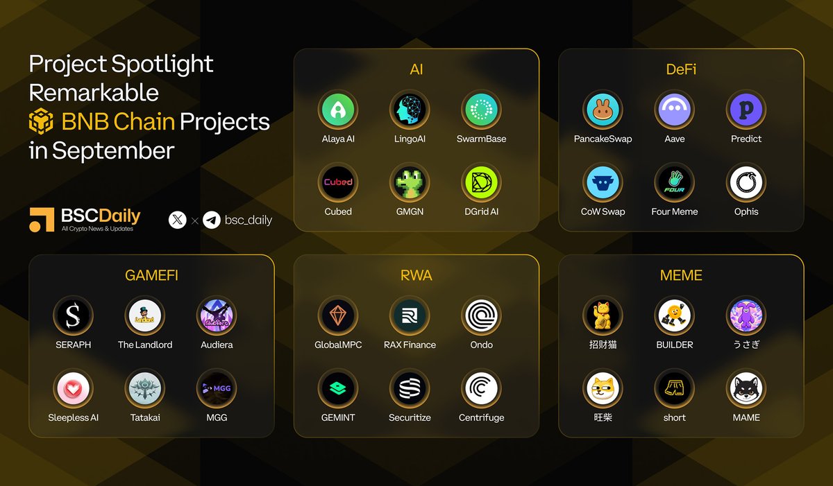 bsc_daily's tweet photo. Project Spotlight - Remarkable BNB Chain Projects in September 🌟

AI :
🔸Alaya AI : @Alaya_AI
🔸LingoAI : @LingoAITech
🔸SwarmBase : @SwarmBase
🔸Cubed : @I3_Cubed
🔸GMGN : @gmgnai
🔸DGrid AI : @dgrid_ai

DeFi :
🔸PancakeSwap : @PancakeSwap
🔸Aave : @aave
🔸Predict : @predictdotfun
🔸CoW Swap : @CoWSwap
🔸Four Meme : @fourdotmemezh
🔸Ophis : @ophisfi 

GAMEFI :
🔸 SERAPH : @Seraph_global
🔸 The Landlord : @TheLandlord2023
🔸 Audiera : @Audiera_web3
🔸 Sleepless AI : @SleeplessAI_Lab
🔸 Tatakai : @Tatakaiio
🔸 MGG : @MimboNode 

RWA : 
🔸GlobalMPC : @MPC_Global_X
🔸RAX Finance : @RaxFinance
🔸Ondo : @OndoFinance
🔸GEMINT : @GEMINT
🔸Securitize : @Securitize
🔸Centrifuge : @centrifuge 

MEME :
🔸 招财猫 : @zhao_cai_mao_
🔸 BUILDER : @thebnbmascot
🔸 うさぎ : @suicarabbitcto
🔸 旺柴 : @wangchaionbnb
🔸 short : @Bigshortdotxyz 
🔸 MAME : @mamebnb