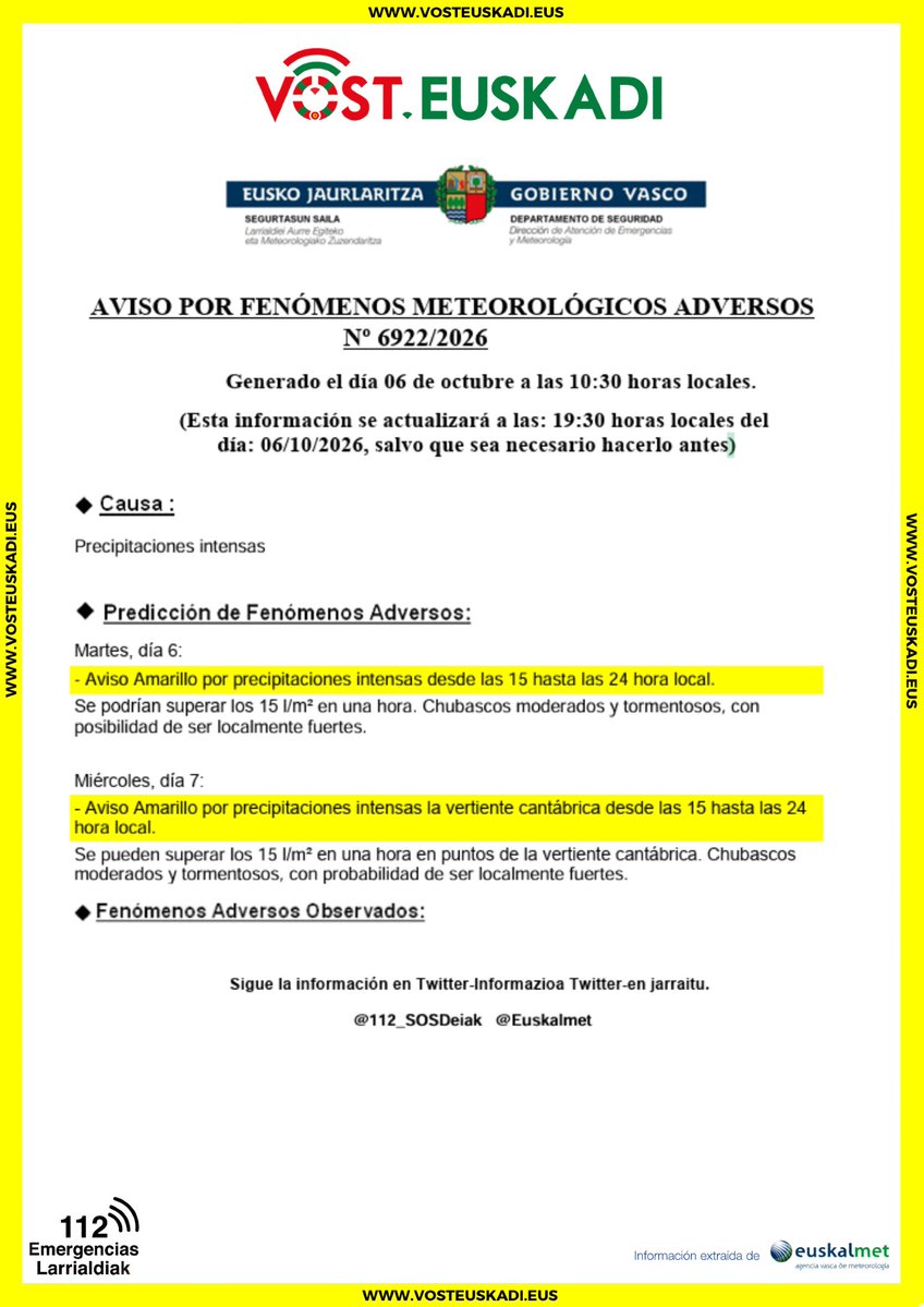VOSTeuskadi's tweet photo. ⚠️ Aviso Amarillo por precipitaciones intensas 🌧️
📅 Martes 6 y miércoles 7 de octubre

🕒 Desde las 15:00 hasta las 24:00 h
Se esperan chubascos moderados y tormentosos ⛈️, con posibilidad de superar los 15 l/m² en una hora (localmente fuertes). El miércoles el aviso se centra en la vertiente cantábrica.
📲 Sigue la información actualizada en @112_SOSDeiak y @Euskalmet
