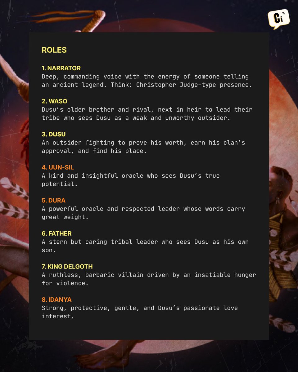 itsjoolaVO's tweet photo. Casting call - DUSU: PATH OF THE ANCIENT

Need FEMALE Voice Actors who are AFRICAN or AFRICAN-AMERICAN!

3 roles are open for audition (marked in orange in the image below) and all roles are PAID!

Deadline: Oct 9, 2025 at 12NN EDT

Submit here - https://t.co/Au64BHEX3w https://t.co/zfyhbnncBB