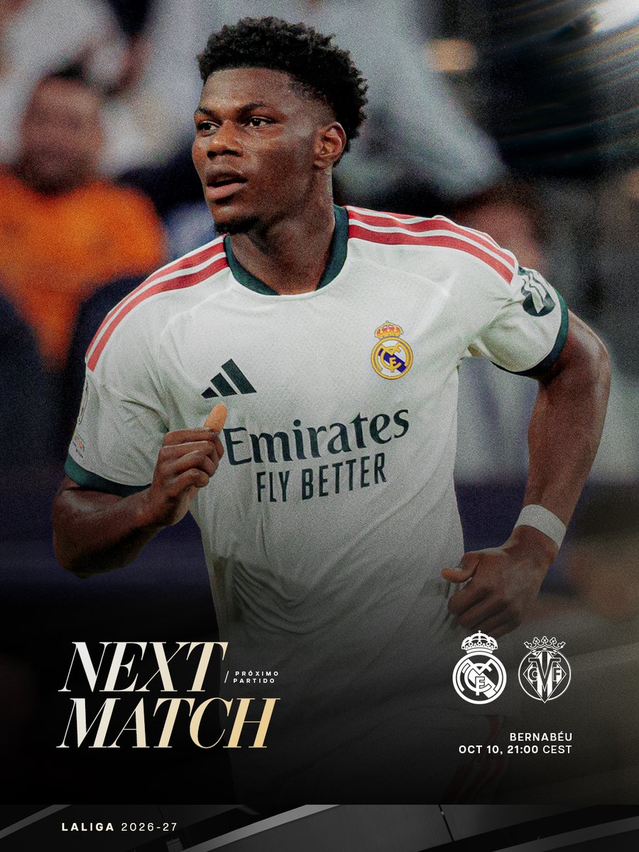realmadrid's tweet photo. ⏩ PRÓXIMO PARTIDO
🆚 @VillarrealCF
🗓️ 10/10 | 21:00 CEST https://t.co/Xm6YnXE3xn