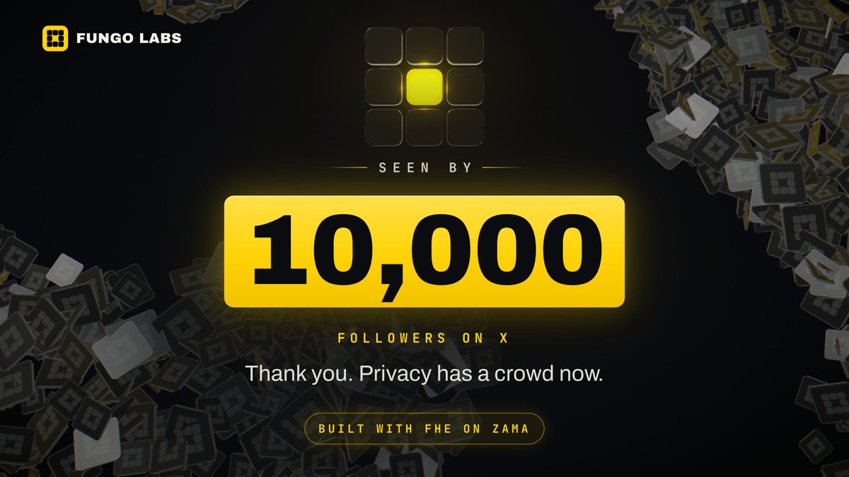 FungoLabs's tweet photo. Seen by 10,000 !
Known by one.

Thank you for being here.

Encrypted NFTs on Ethereum.

ERC-7984, for NFTs. More details soon ⏳ https://t.co/xV75i4dqGw