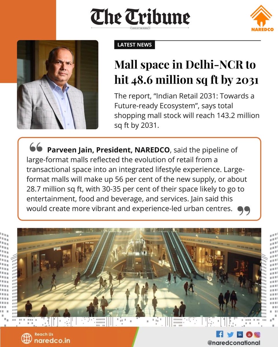 NaredcoNational's tweet photo. In the latest The Tribune story, Shri Parveen Jain, President, NAREDCO, shares his perspective on the region’s evolving retail and commercial real estate landscape.
#NAREDCO #TheTribune #RetailRealEstate #NewsCoverage #RealEstateIndia https://t.co/gMLStaef7v