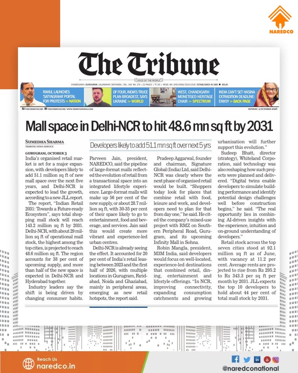 NaredcoNational's tweet photo. In the latest The Tribune story, Shri Parveen Jain, President, NAREDCO, shares his perspective on the region’s evolving retail and commercial real estate landscape.
#NAREDCO #TheTribune #RetailRealEstate #NewsCoverage #RealEstateIndia https://t.co/gMLStaef7v
